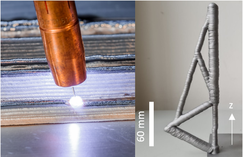 Left: WAAM in progress, right: 3D-printed truss system produced by WAAM / Credit: WG Zaeh