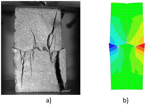 Fig. 3: Testing of a triangular shaped joint: a) experimental failure mode; b) deformation at failure in FE-analysis